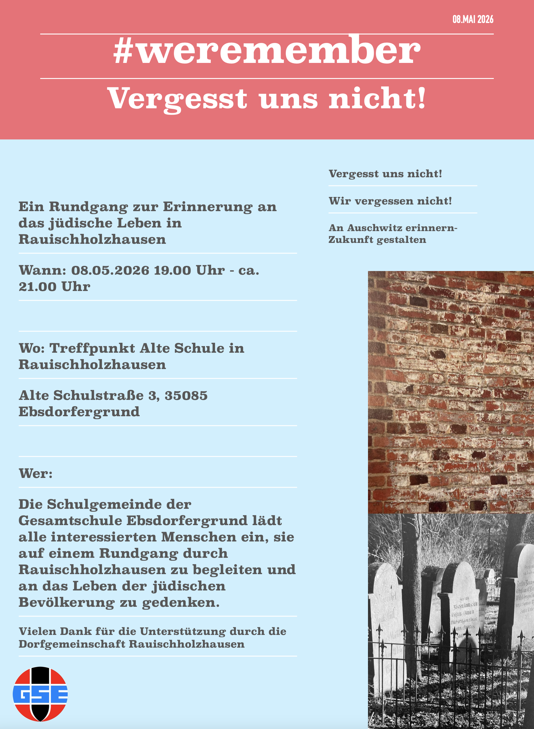 Veranstaltung der GSE zur Erinnerung an das jüdische Leben in Rauischholzhausen am 8.5.2026 in der Alten Schule
